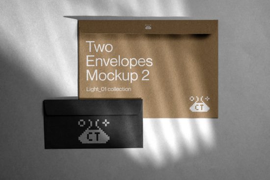 Elegant two envelopes mockup with realistic shadows on neutral background, perfect for presentation, branding, stationery designers.